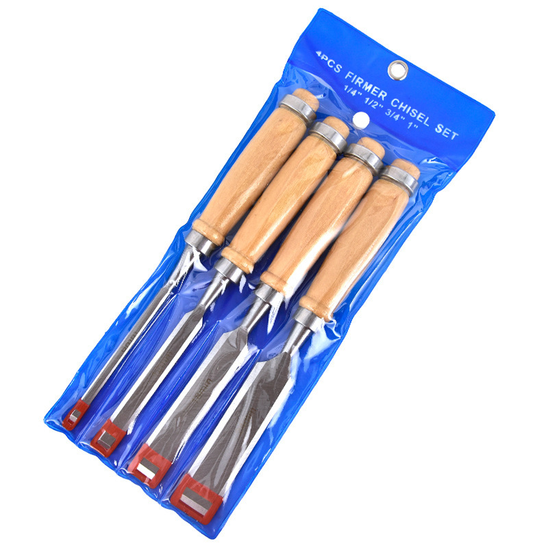 大工ノミクロムバナジウム鋼ケヤキ柄手切りフラットカッター平切り4PCSセット大工道具セットクロスボーダー|undefined