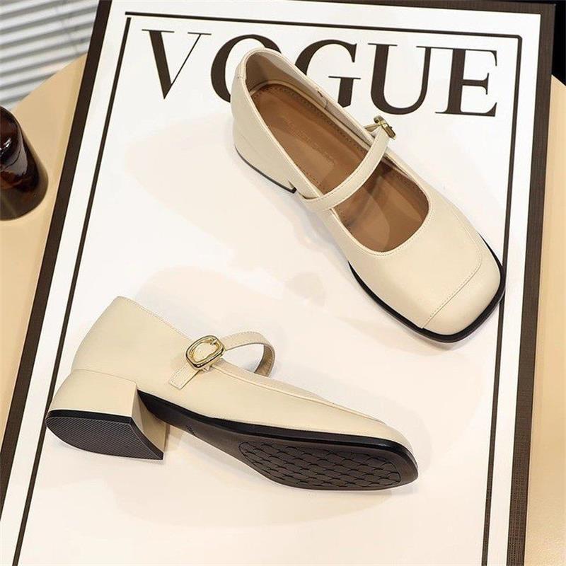 Cuero suave retro francés con zapatos Mary Jane para mujer de tacón grueso estilo británico zapatos de cuero de tacón medio negro zapatos de punta cuadrada