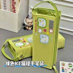 简约绿色KT猫笔袋高颜值ins理想型横开大容量学生文具收纳提手袋