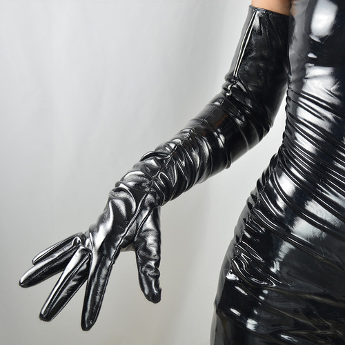 70 cm shinny black patent leather jazz hot pole dance long gloves female  skin PU heat preservation performance photos cosplay mini skirt gloves