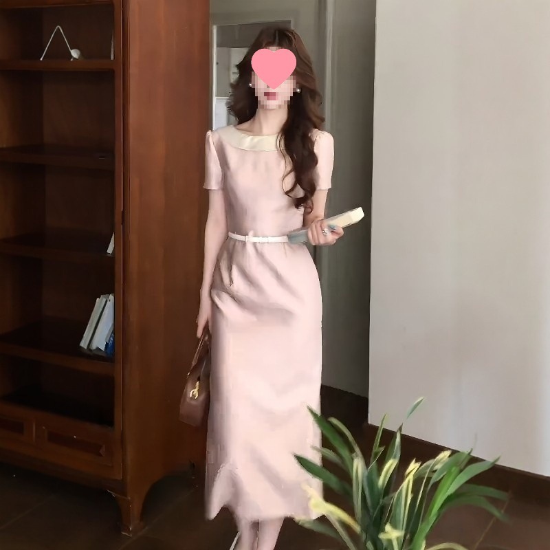 跨境法式温柔风粉色短袖连衣裙女夏季新气质减龄腰显瘦开叉长裙子|undefined