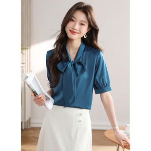 French Shirt Women's Short-Sleeved Summer Thin Chiffon Bow Top Loose Slimming Look Work Clothing Ol Black Shirt