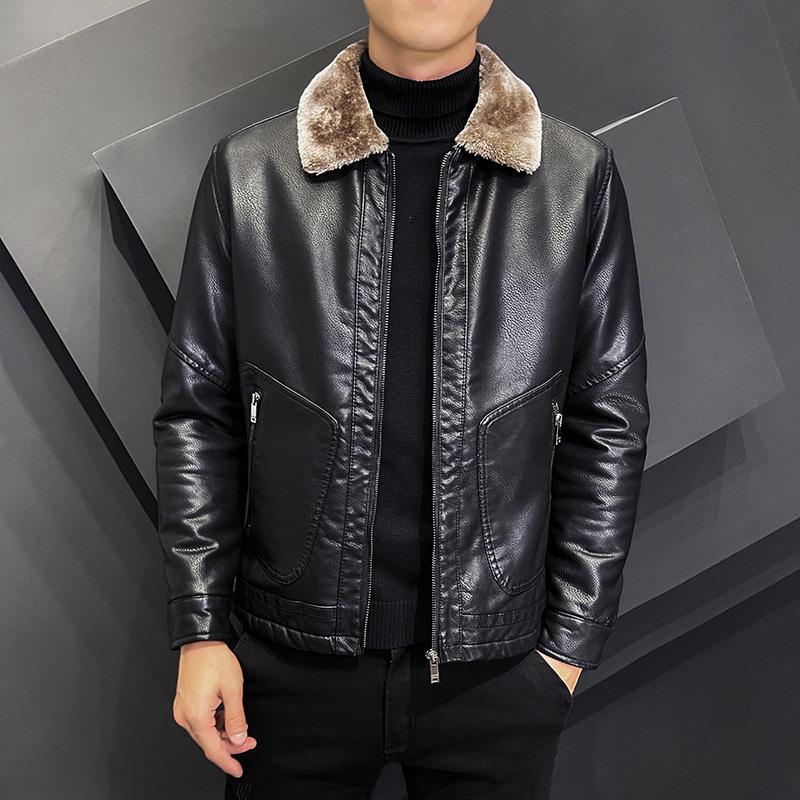 Men's Clothing leather jacket plus velvet thickened autumn and winter jacket leather jacket handsome casual versatile lapel leather jacket_voghion.com