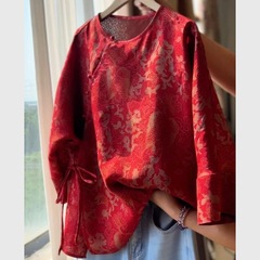 红色年年有鱼提花衬衫复古高级年轻真丝桑蚕丝新中式国风唐装上衣