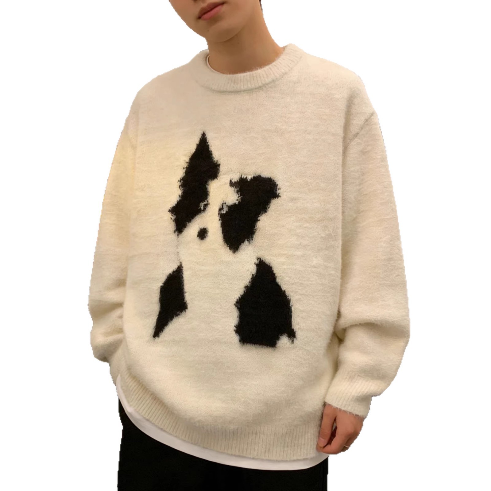 Herren Winterpullover aus Mohair mit Cartoon-Welpenmotiv, Rundhalsausschnitt, lässiger Strickpullover in entspannter Passform für Paare_voghion.com