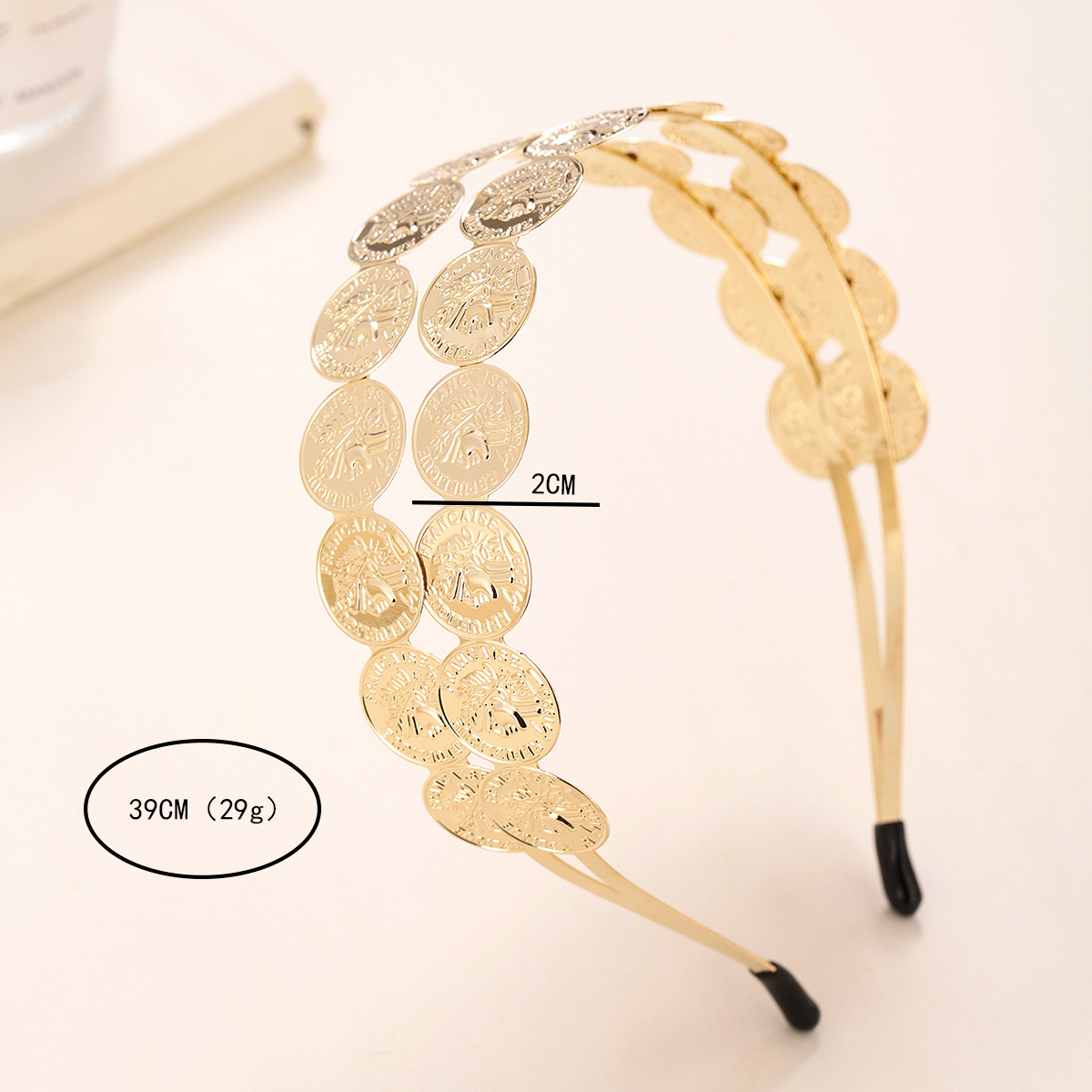 Transfronterizos Europa y América venta caliente personalidad tocadillos de doble capa de monedas redondas bandejas de cabello metal desfile joyas de moda al por mayor mujeres