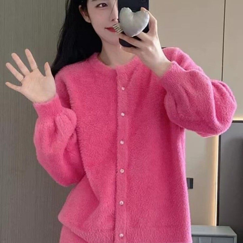 2025 New Pajamas for Women in Autumn and Winter Dragon Fruit Color Imitation Mink Fur Suit High-End Elegant Home Wear