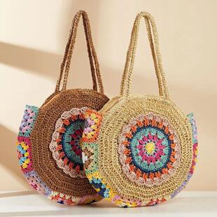 New Style Small Fresh Shoulder Straw Woven Bag Woven Bag Pastoral Style Straw Woven Bag Portable Seaside Holiday Beach Bag