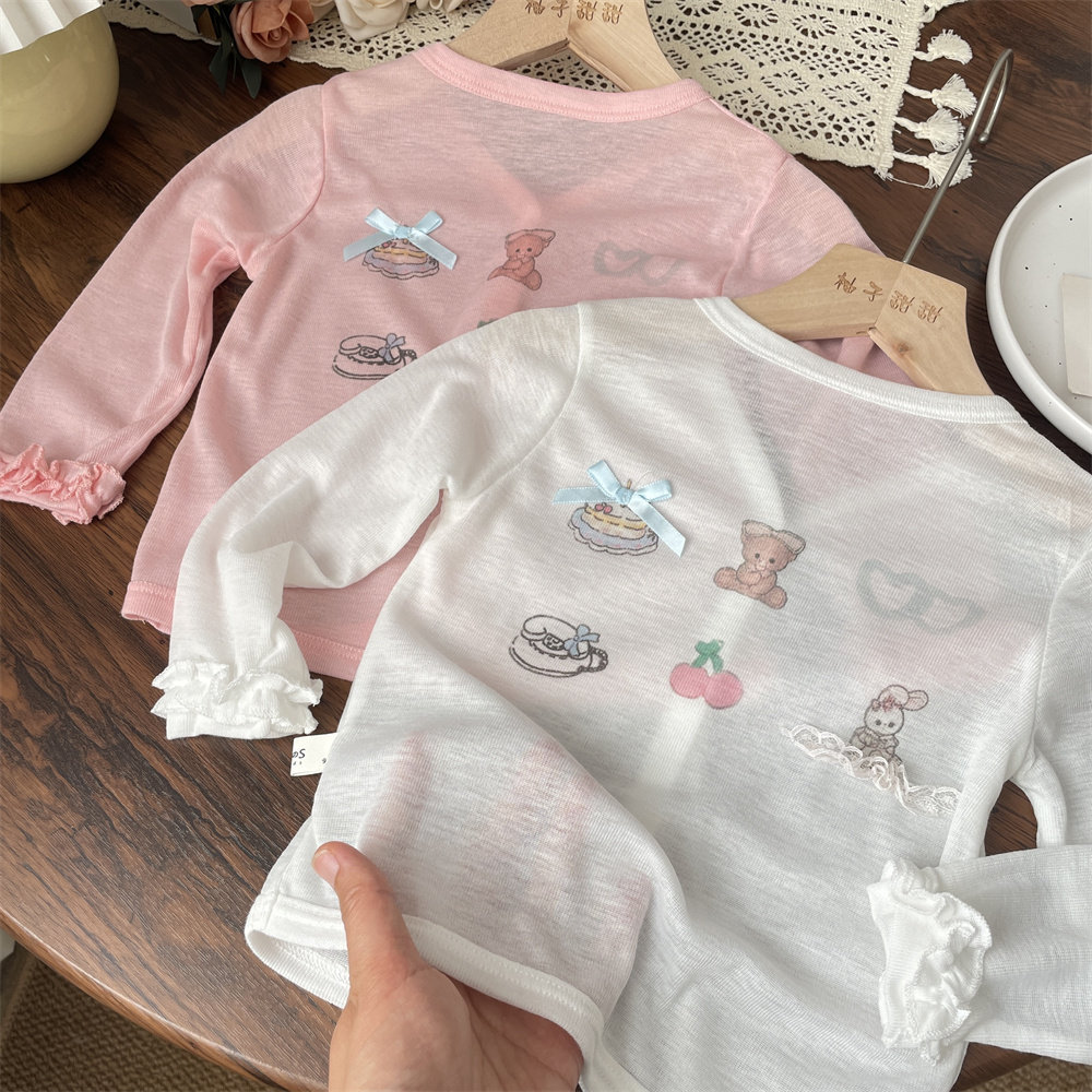 2026 Summer Girls' Cartoon Print Bow Ultra-thin Sunscreen Cardigan for Air Conditioning, Children's Jacket