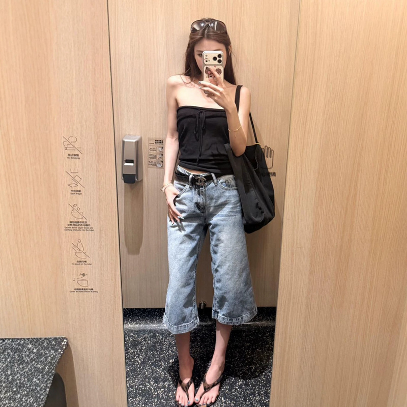 Purely Sexy Hot Girl Tube Top Vest for Women, Summer Versatile Slimming High-Waisted Loose Straight-Leg Cropped Jeans
