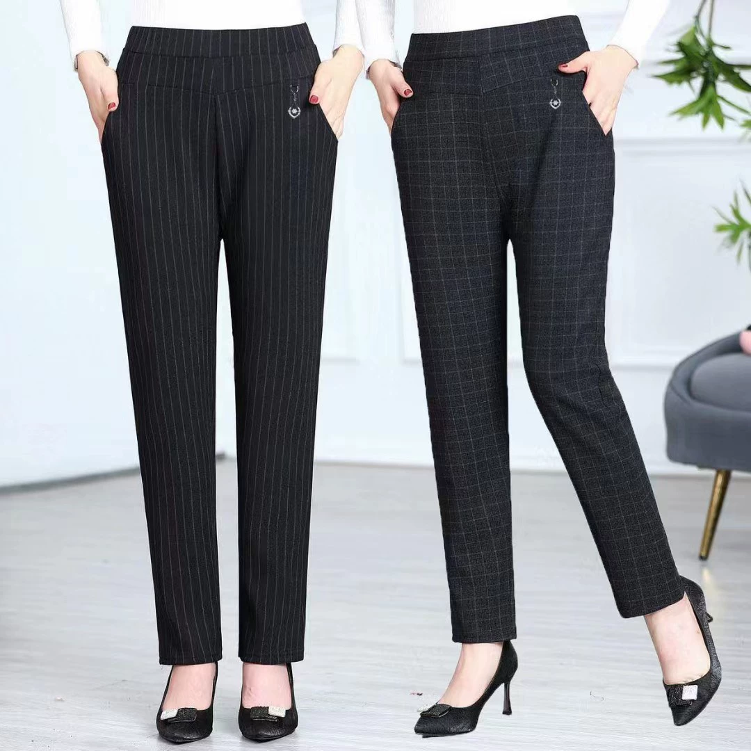 Оптовая продажа: повседневные брюки для женщин среднего и старшего возраста, больших размеров, с декоративными полосками, клетчатые, из блестящего хлопкового волокна.