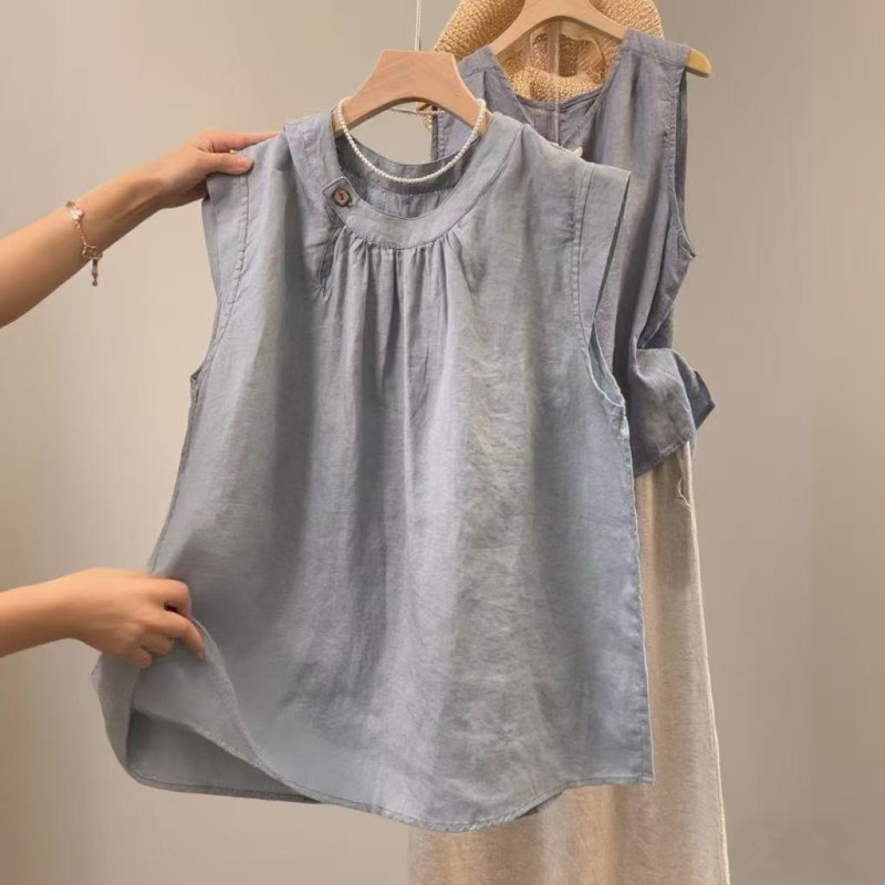 Gray Summer Cotton-Linen Flutter Sleeve T-Shirt for Women, Plus Size Casual Loose Cotton Sleeveless Top, Cotton Shirt for Women Gray Summer Cotton-Linen Flutter Sleeve T-Shirt for Women, Plus Size Casual Loose Cotton Sleeveless Top, Cotton Shirt for Women