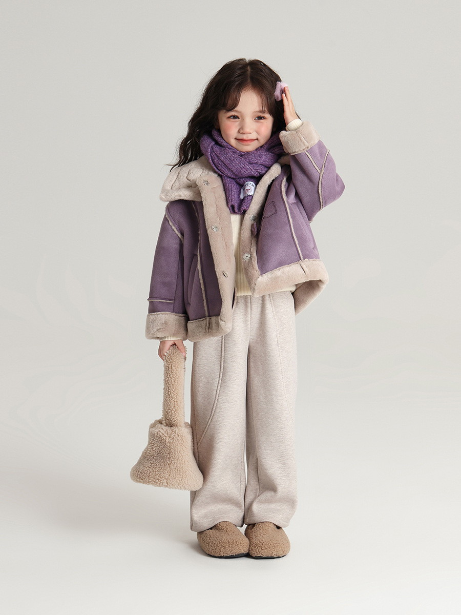 プディングハル女児用裏起毛ジャケット2025冬新作子供用おしゃれ裏起毛厚手ホーンボタンジャケット