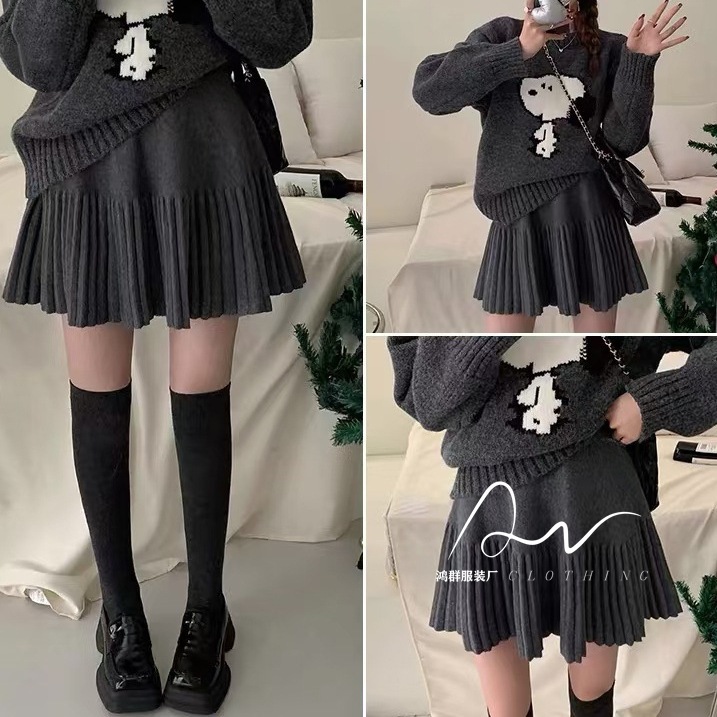 2025 Skirt Elastic Band Black Pleated Skirt A-Line Skirt Versatile Korean Style Pleated Style A-Type High Waist White Splicing