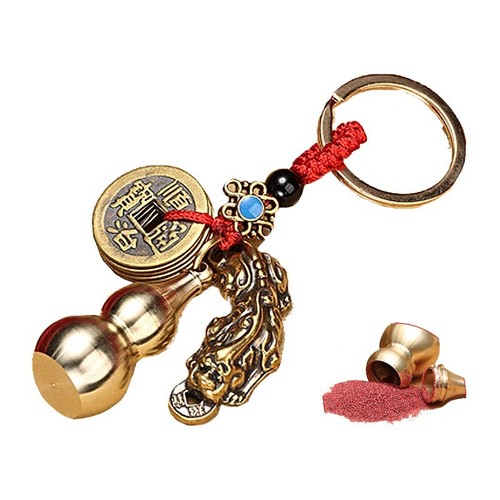 Zinc Yellow Copper Gourd Pixiu Keychain Wealth Attracting Five Emperors Coins Car Hollow Gourd Creative Gift for Men and Women