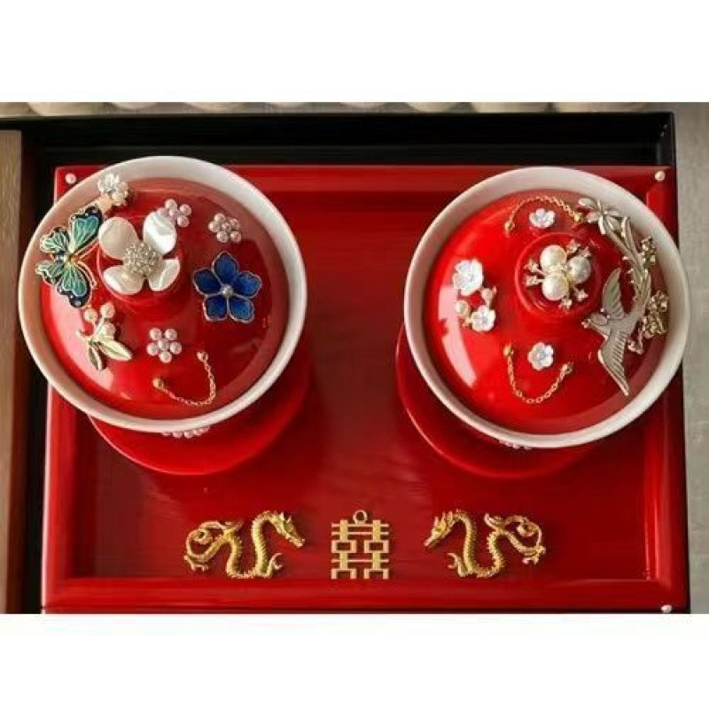 喜結連理敬茶杯結婚祝い用品持参対杯diy手作り装飾陶磁器蓋結婚祝い用品大全|undefined