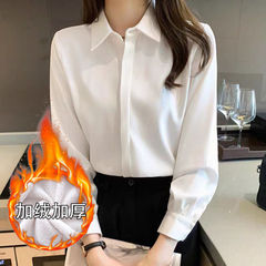 白色加绒加厚保暖一体绒衬衫女士长袖秋冬宽松百搭衬衣工作服上衣
