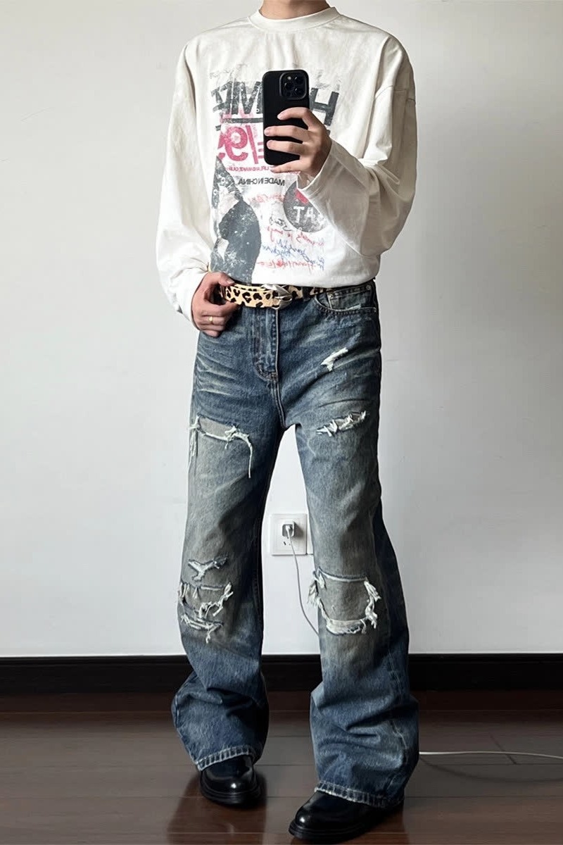 Men's Distressed Washed Denim Jeans With Rip & Frayed Details, Loose Fit Straight Leg Pants, Vintage Streetwear Style For Casual Wear_mkmklike.com