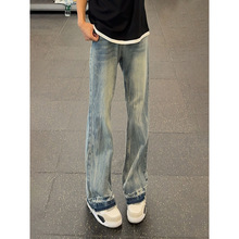 2025春夏新款浅蓝色直筒破洞牛仔裤男生扎花水洗做旧休闲宽松长裤