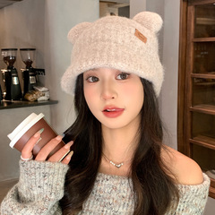 帽子女甜美百搭小熊耳朵针织毛线帽秋冬休闲防风包头帽户外保暖帽