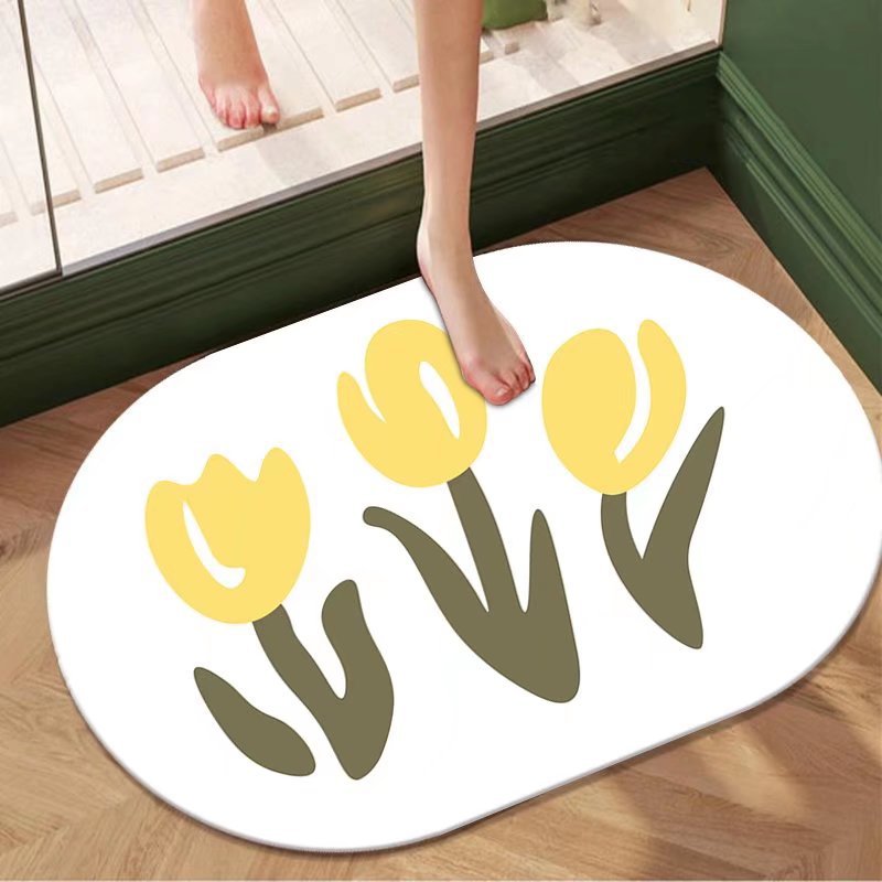 Pastoral al por mayor de flores y plantas de barro de diatomeas estera suave estera absorbente alfombra de baño ovalada alfombra de piso antideslizante alfombra de puerta absorbente