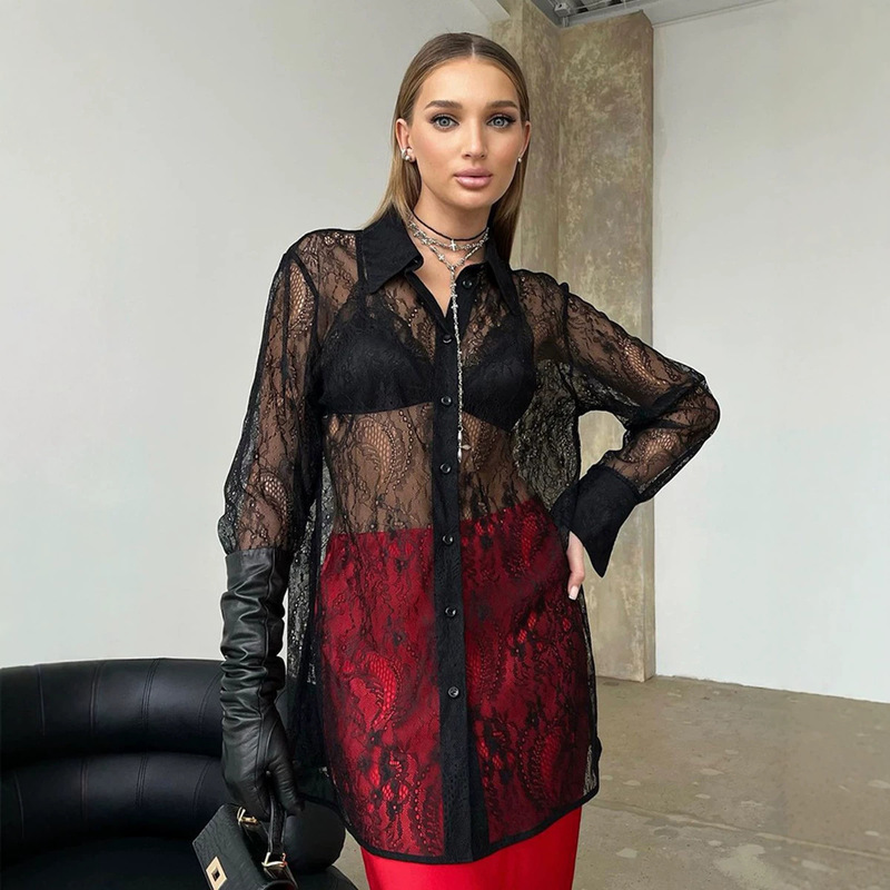 2026 Autumn See-Through Black Sexy Lace Shirt for Women, Lightweight Long-Sleeve Outerwear, Mid-Length European and American Style Women's Clothing 2026 Autumn See-Through Black Sexy Lace Shirt for Women, Lightweight Long-Sleeve Outerwear, Mid-Length European and American Style Women's Clothing