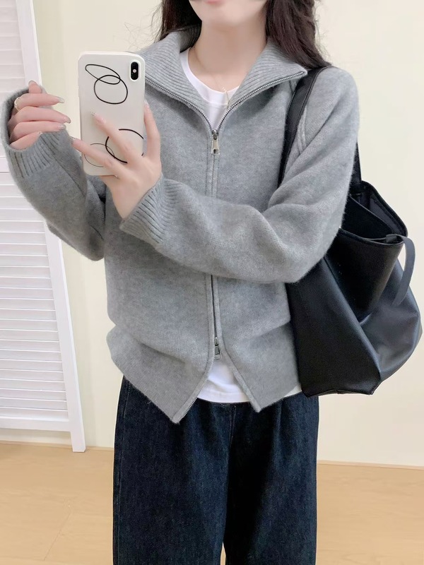 跨境慵懒风毛衣外套女2025秋冬新款韩系纯色立领拉链针织开衫|undefined