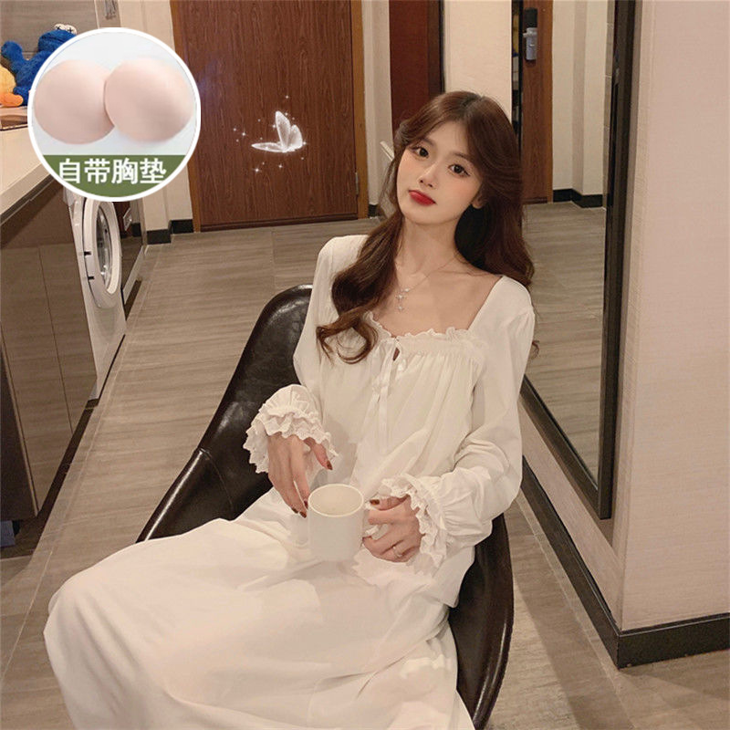 Plus size pajamas women's spring and autumn nightdress with chest pad court retro style lace dress home wear cross-border exclusive for foreign trade