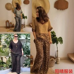 现货25新款欧美跨境时尚宽松拼接豹纹短袖上衣高腰阔腿裤两件套装