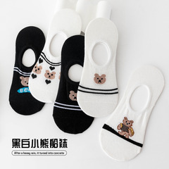 Socks Women's Boat Socks Ins Trendy Black and White Summer Thin Japanese Cartoon Little Bear Summer Low Cut Breathable Short Socks 