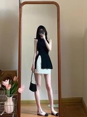 2025套装女2025夏季新款韩系设计感黑色气质开叉上衣高腰波点半身