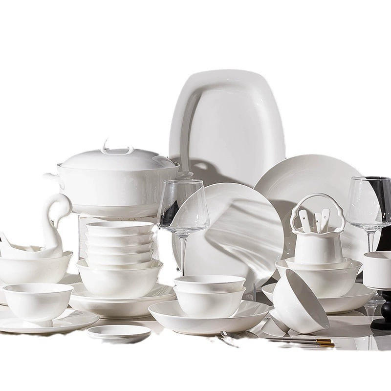 Чисто белая керамическая миска, набор миски и тарелки для дома, цзиндэчжэньская подглазурная цветная керамическая рисовая миска и тарелка