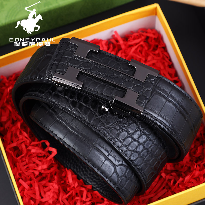 Cinturón de cuero para hombre, patrón de cocodrilo, hebilla automática sin dientes, cinturón de moda informal de negocios, cinturón para jóvenes y de mediana edad