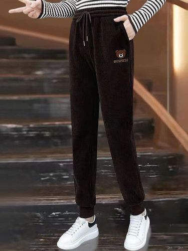 Women's  Autumn/Winter Thicker Fleece Lined High-Waisted Ankle Pants, Slimming Bear Embroidered Corduroy Casual Sports Pants