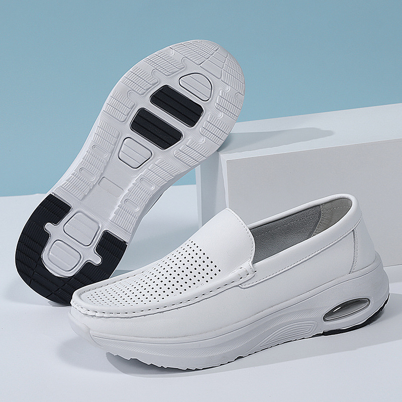 现货护士鞋秋透气防滑真皮平底医院软底一脚蹬镂空医生鞋批发定制