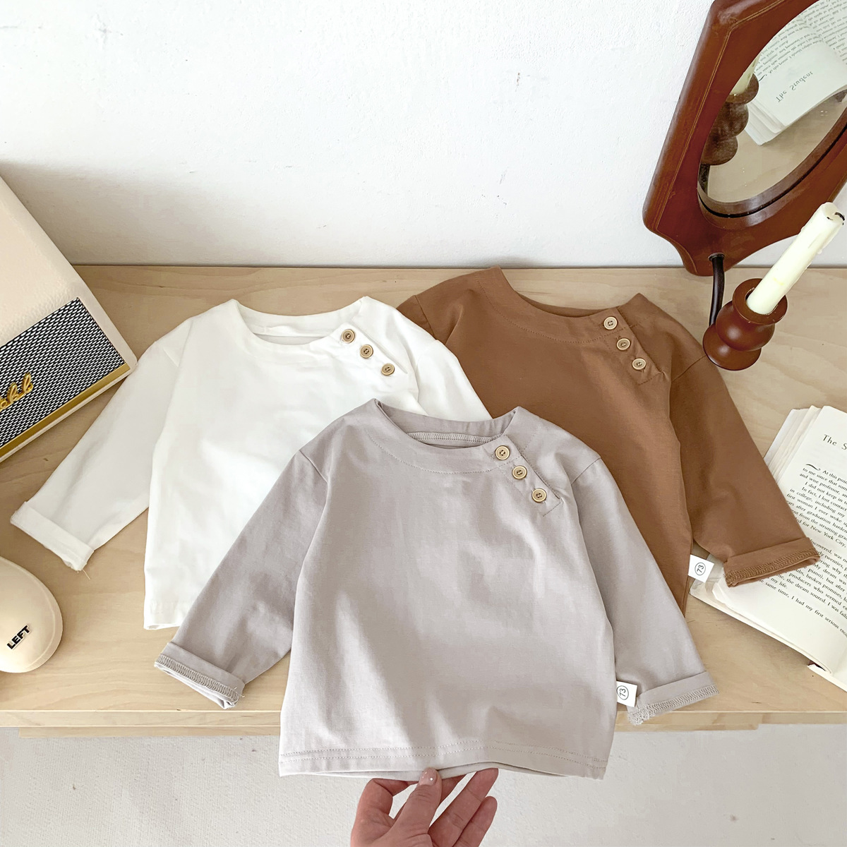 2023 New Children's Solid Color Korean Style Baby Spring Item for Both Boys and Girls Round Neck Open Shoulder Button Collar T-shirt Base Layer Outerwear