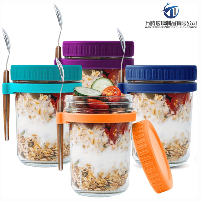 跨境玻璃带盖和勺密封轻食早餐便携牛奶沙拉酸奶杯隔夜燕麦杯