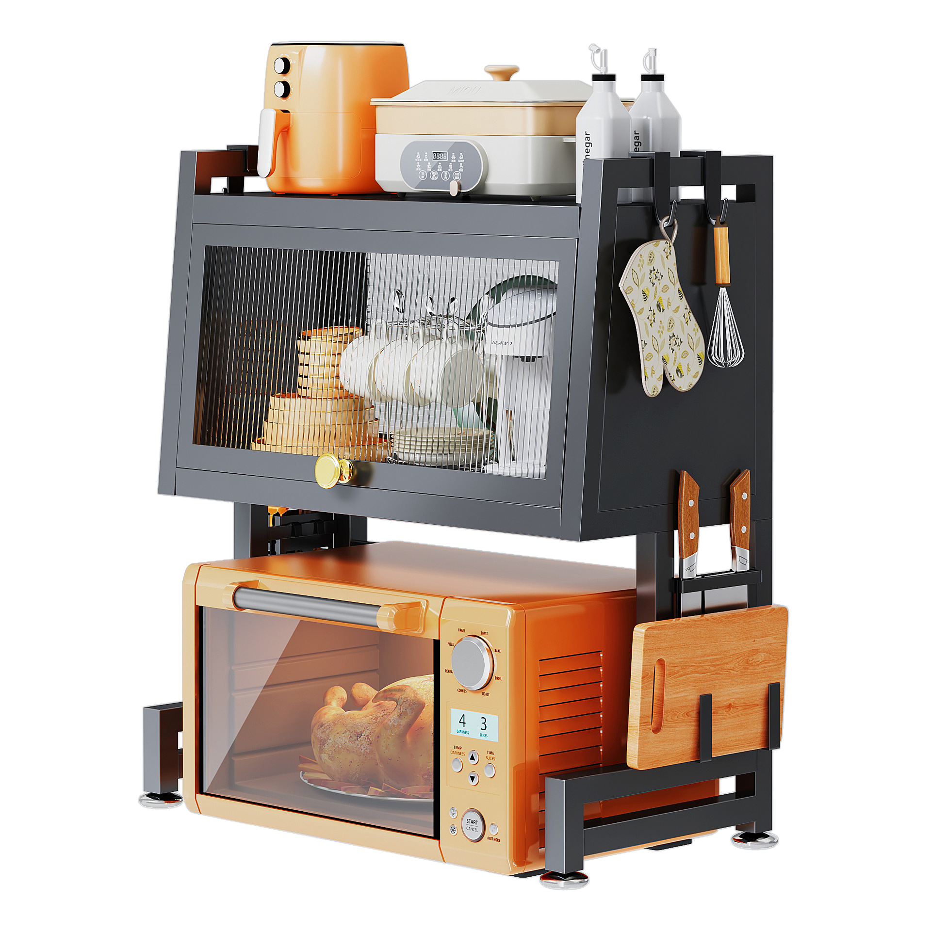 Cocina horno microondas rack encimera estante de almacenamiento de doble capa con gabinete puerta gabinete horno tabla de cortar palillos rack de almacenamiento