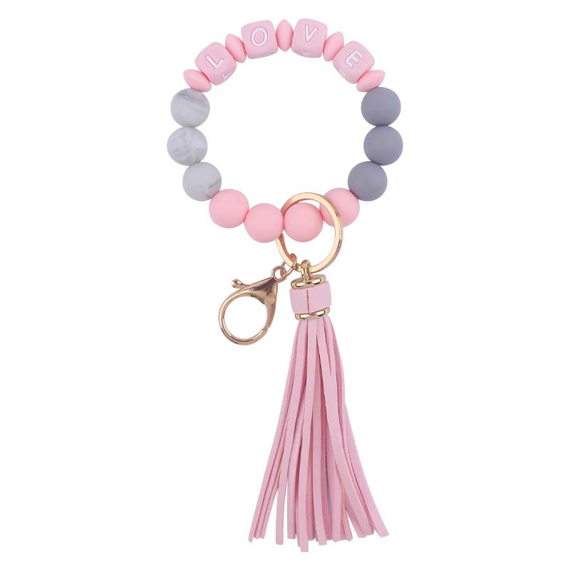 Nuevo cuero pu borla colgante llavero creativo DIY nombre cuentas de silicona con cuentas contraste color colgante llavero