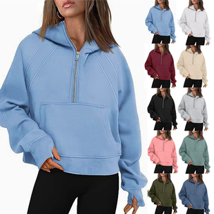 Autumn and Winter AliExpress Amazon new fashion casual sports half zipper hooded short fleece-lined sweater 9854