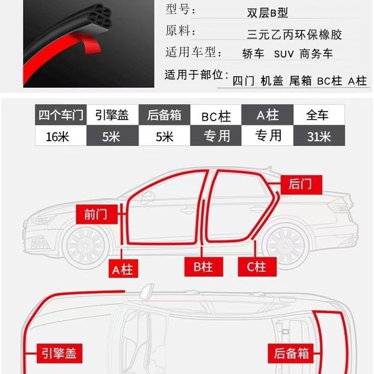Car soundproofing seal strip, double-layer B-type door frame soundproofing strip, engine hood and trunk modification adhesive strip for car use