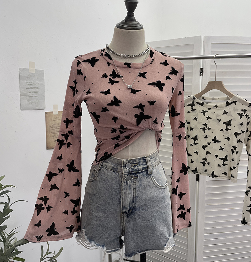 Sexy Butterfly Flocking Shiny Mesh Long Sleeve T shirt Large Bell Sleeve Short Slim Top
