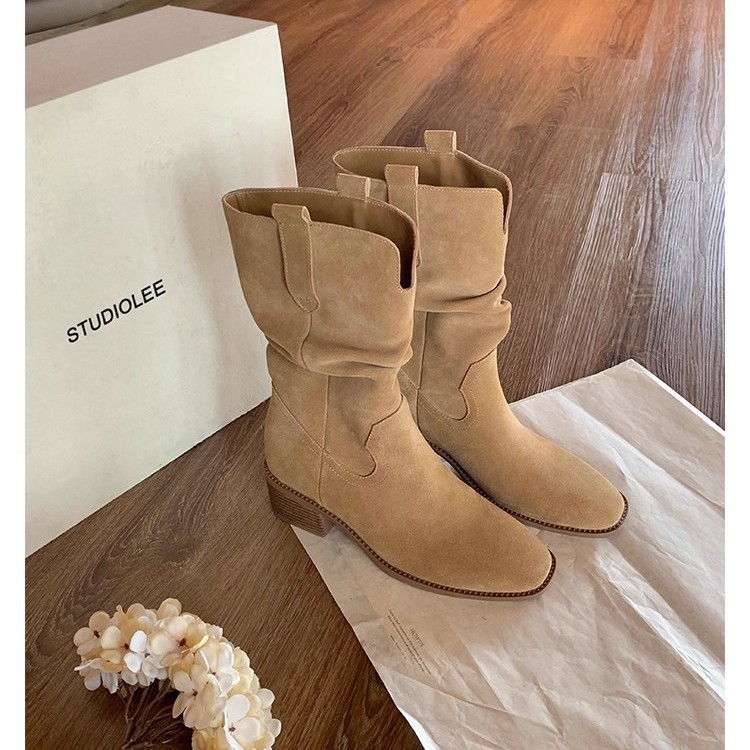 葡萄妈同款 增高8cm~圆头V口粗跟厚底显瘦大筒围堆堆靴真皮女短靴|undefined
