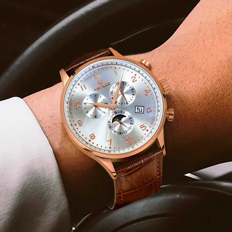 Đồng hồ nam automatic lộ máy dây da thể thao — Đai cà phê mì trắng vỏ hoa hồng 9015, Thắt lưng da đen vỏ hoa hồng 9015