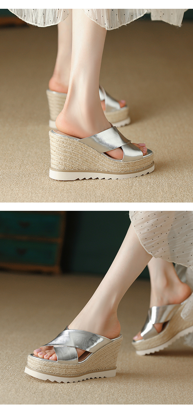 Sandal cao gót nữ đế xuồng đan rơm hở mũi quai chéo bản to — màu trắng ngà, bạc chi tiết 7