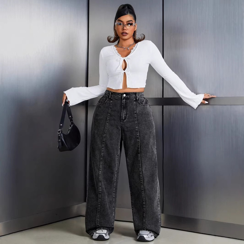 2026 European and American Plus-Size Vintage-Style Curved Jeans High-Waisted Loose Wide-Leg Pants Large Size Floor-Length Pants in Stock