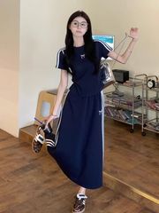 大码女装夏季遮肉短袖运动T恤休闲爆款显瘦三条杠两件套装半身裙