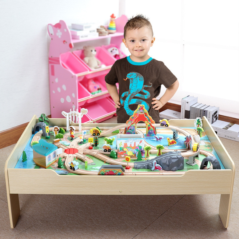 Mina de madera bloques construcción tren eléctrico modelo traje juguete para niños Parque atracciones montaje Mesa juego