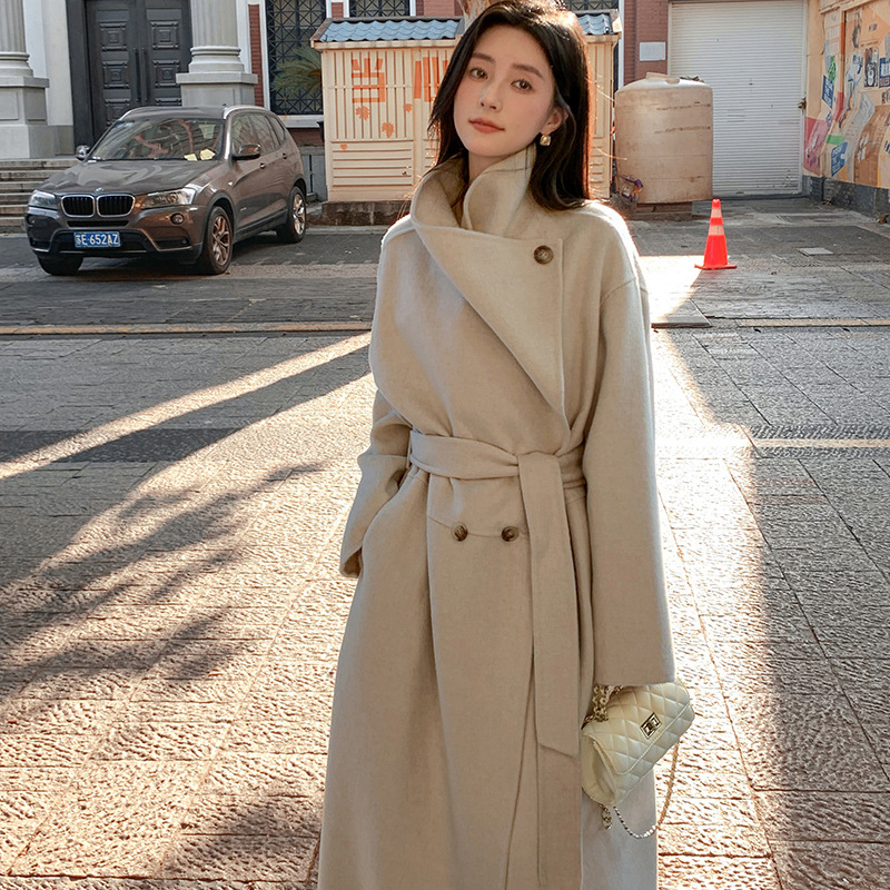 Camel velvet coat women's 24-year new high-end long autumn and winter lace-up large lapel wool double-sided coat Korean