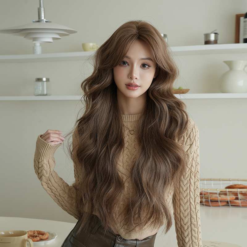 Summer New Cyber Celebrant Full Top Full Head Cover Wig Women's Long Curly Hair Big Wave caramel Sleeve Chemical Fiber Emulated Hair